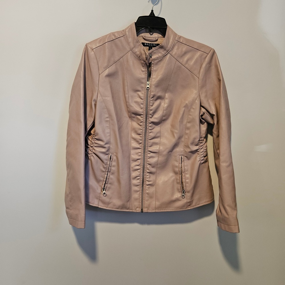 Baccini Faux Leather Moto Jacket Large Ruched Full Zip Soft Pink Feminine Biker